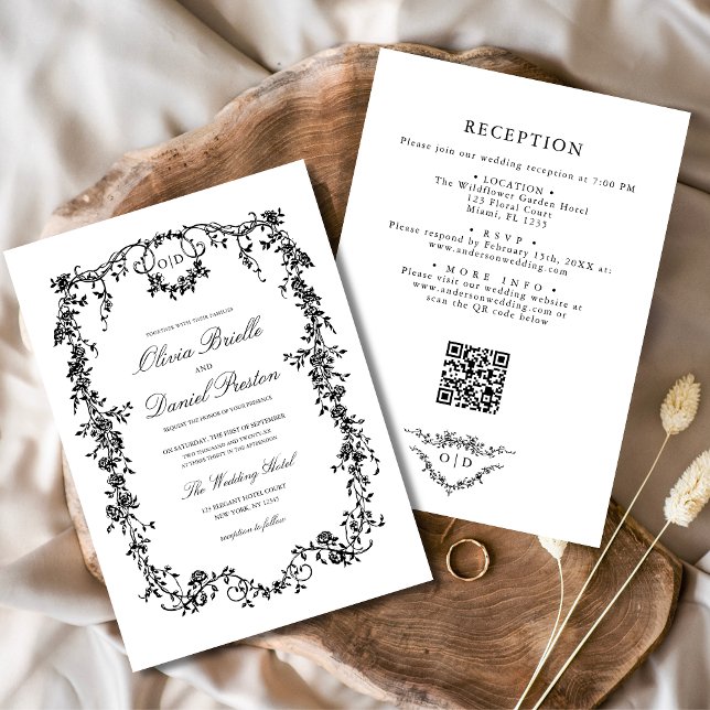 Victorian Black White QR Code Floral Wedding Invitation (Creator Uploaded)