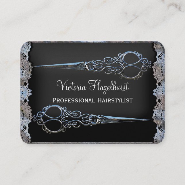 Victorian Bleu Double Scissors Metallic Finish Business Card (Front)
