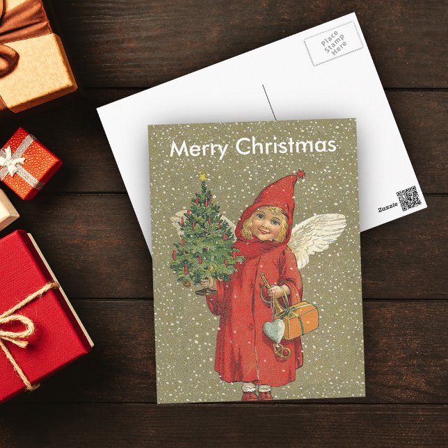Victorian Blond Girl Angel Christmas Tree Snow Holiday Postcard (Creator Uploaded)