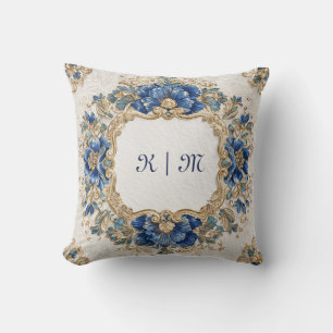 Victorian Blue and Gold Baroque Floral Design Cushion