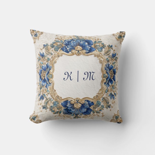 Victorian Blue and Gold Baroque Floral Design Cushion (Front)