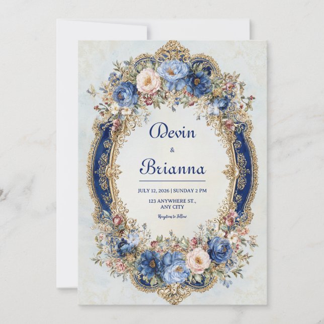 Victorian Blue and Gold Floral Frame Wedding Invitation (Front)