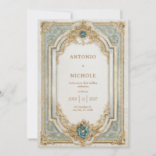 Victorian Blue and Gold Ornate Frame Wedding Invitation
