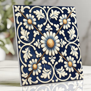 Victorian Blue and Ivory Daisy Pattern Ceramic Tile