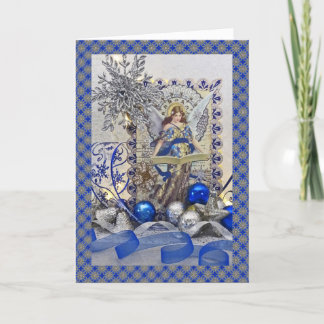 Victorian blue angel with border holiday card