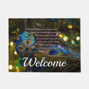 Victorian Blue Bible Verse Welcome Doormat