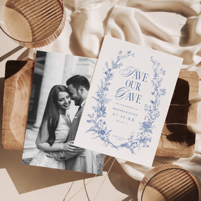 Victorian Blue Floral Dusty Blue Photo Save The Date (Creator Uploaded)