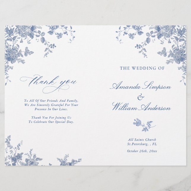 Victorian Blue Floral Wedding Ceremony Program (Front)
