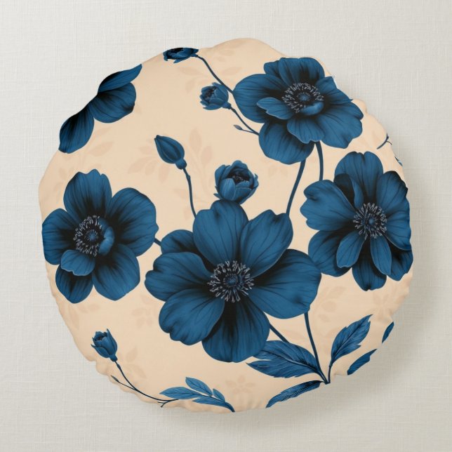 Victorian Blue Flowers on Beige Background Pillow (Back)