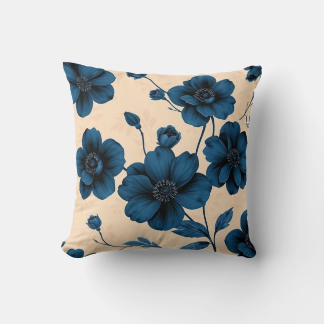 Victorian Blue Flowers on Beige Background Pillow (Front)