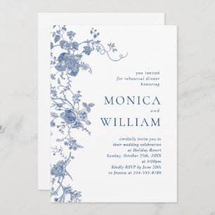 Victorian Blue French Floral Rehearsal Dinner Invitation