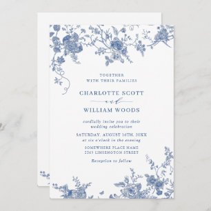 Victorian Blue French Floral Wedding QR code Invitation