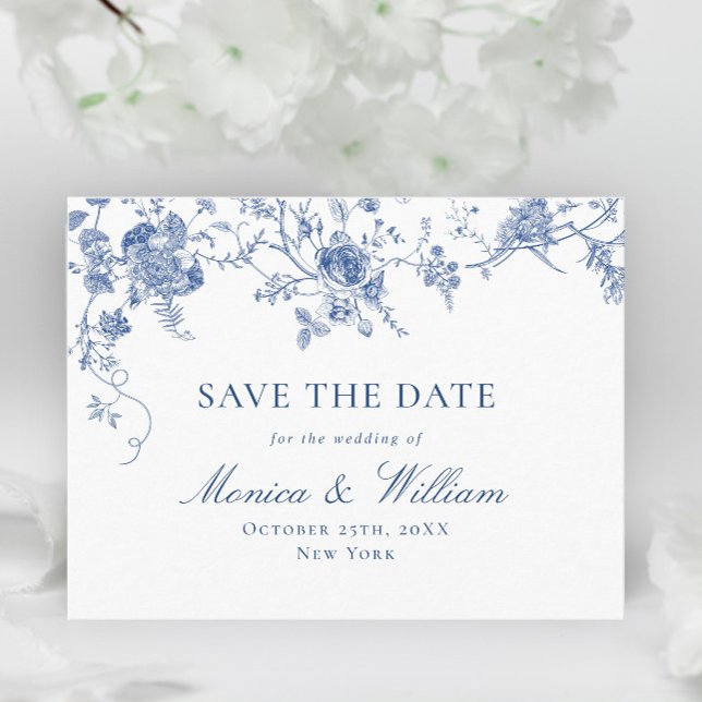 Victorian Blue French Floral Wedding Save the Date Postcard (Creator Uploaded)