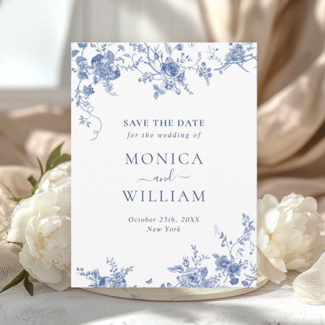 Victorian Blue French Floral Wedding Save the Date Postcard (Creator Uploaded)