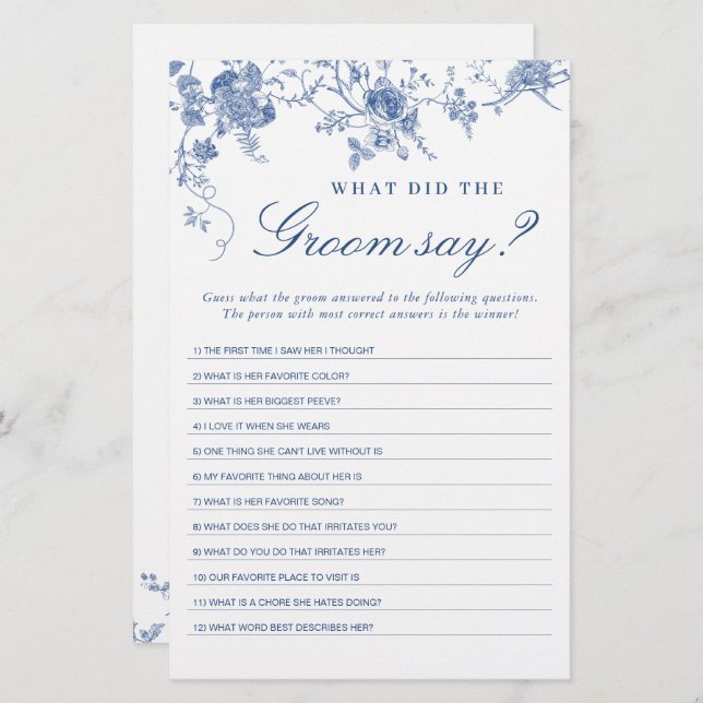 Victorian Blue French Garden Bridal Shower Game (Front/Back)