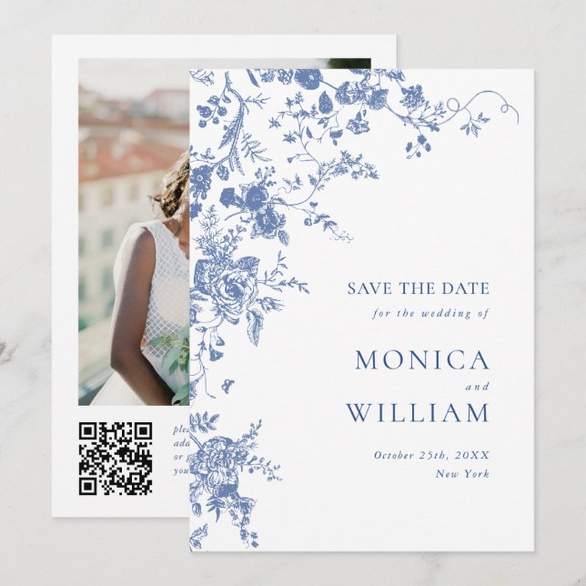Victorian Blue French Garden Floral Photo Wedding Save The Date (Front/Back)