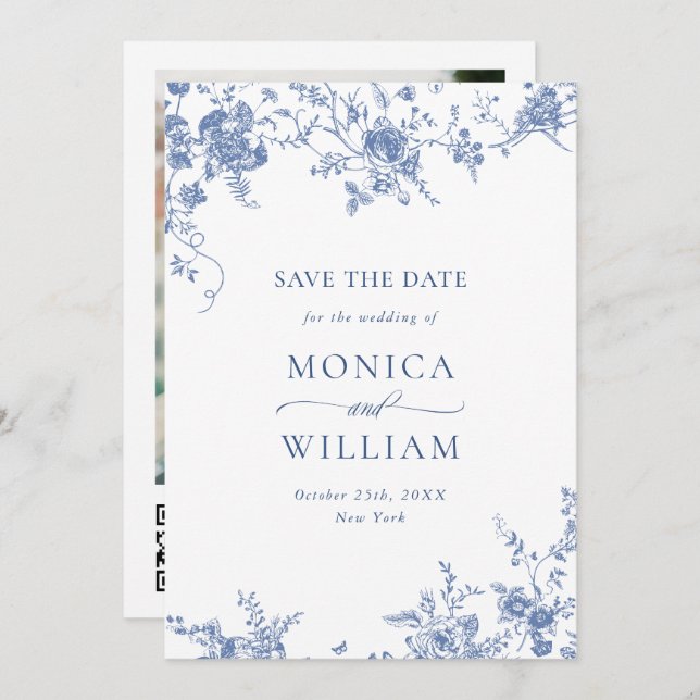 Victorian Blue French Garden Floral Photo Wedding Save The Date (Front/Back)