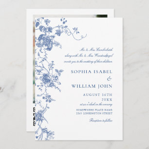 Victorian Blue French Garden QR code Photo Wedding Invitation