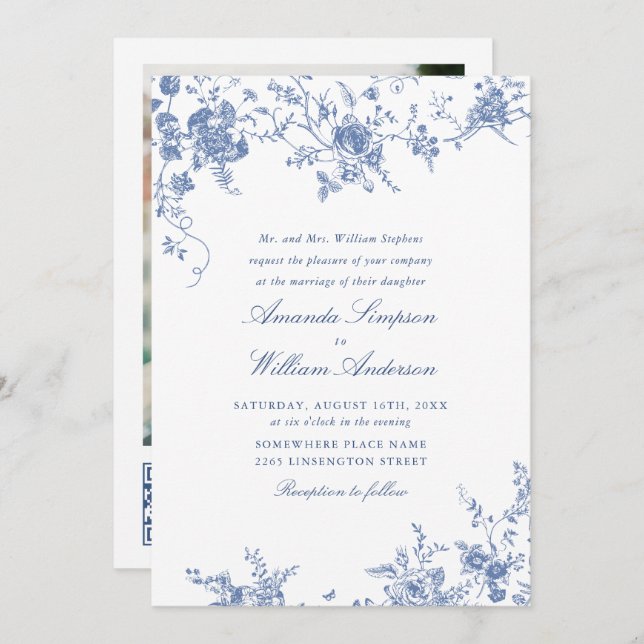 Victorian Blue French Garden QR code Photo Wedding Invitation (Front/Back)