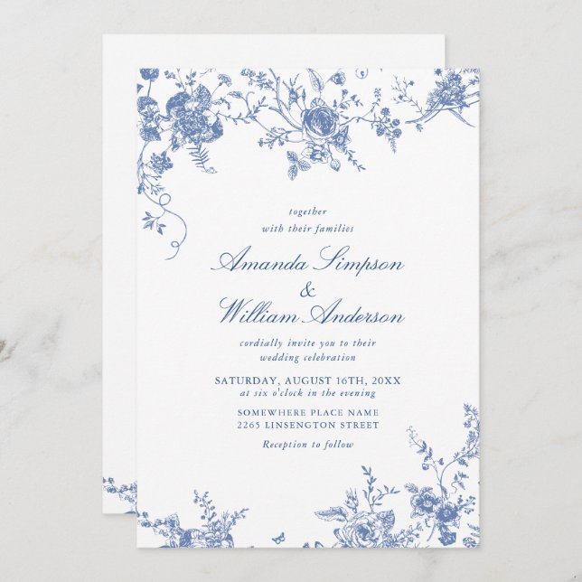 Victorian Blue French Garden QR code Wedding Invitation (Front/Back)