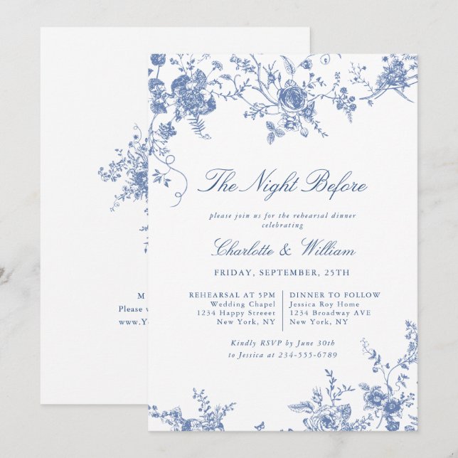 Victorian Blue French Garden Rehearsal Dinner Invitation (Front/Back)