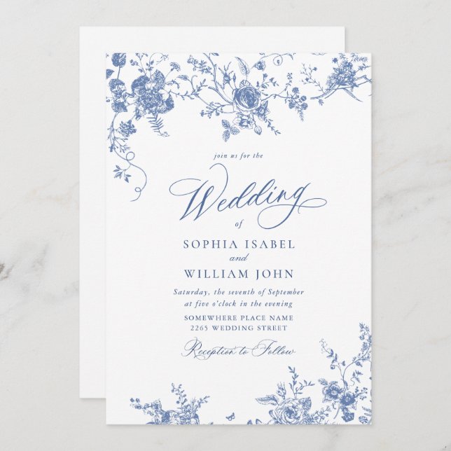 Victorian Blue French Garden Toile Floral Wedding Invitation (Front/Back)