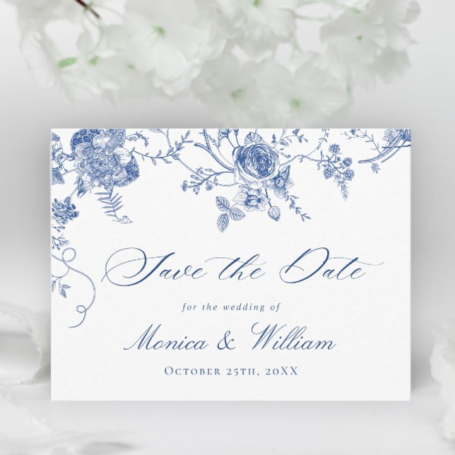 Victorian Blue French Garden Wedding Save the Date Postcard (Creator Uploaded)