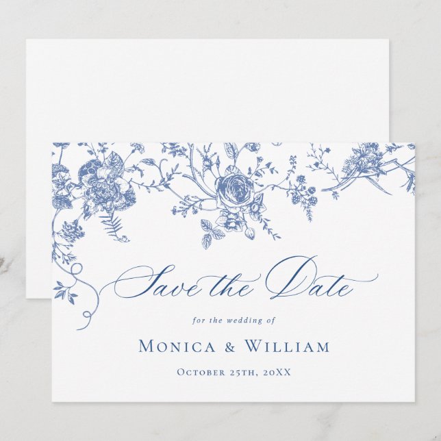 Victorian Blue French Roses Garden Floral Wedding Save The Date (Front/Back)