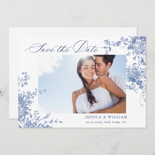 Victorian Blue French Roses Garden QR code Wedding Save The Date (Front/Back)