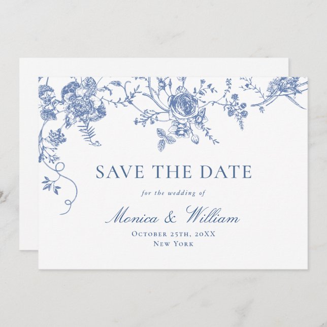 Victorian Blue French Roses Garden QR code Wedding Save The Date (Front/Back)