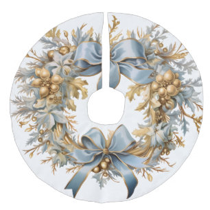 Victorian Blue & Gold Holiday Wreath Christmas Faux Linen Tree Skirt
