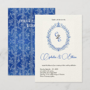 Victorian Blue Monogram Floral Crest Invitation