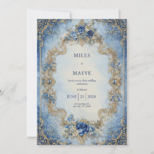 Victorian Blue Rose & Gold Scroll Wedding  Invitation