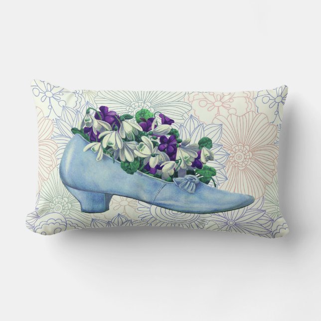 Victorian Blue Shoe Floral Lumbar Cushion (Front)