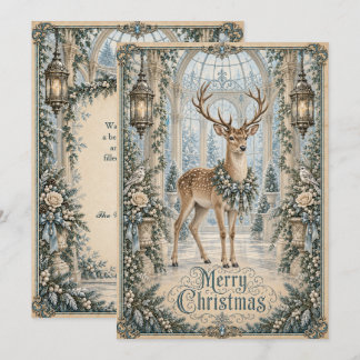 Victorian Blue Silver Deer Vintage Merry Christmas Holiday Card
