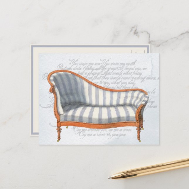 Victorian Blue Stripe Chaise Lounge Postcard (Front/Back In Situ)