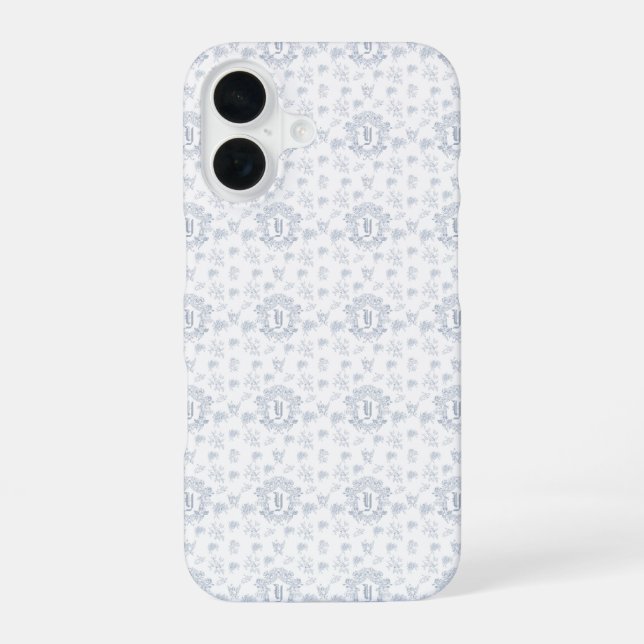 Victorian Blue Toile Repeating Monogram Name iPhone 16 Case (Back)