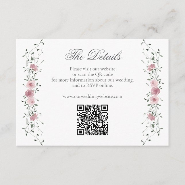Victorian Blush Pink Floral Wedding Website QR Enclosure Card (Front)
