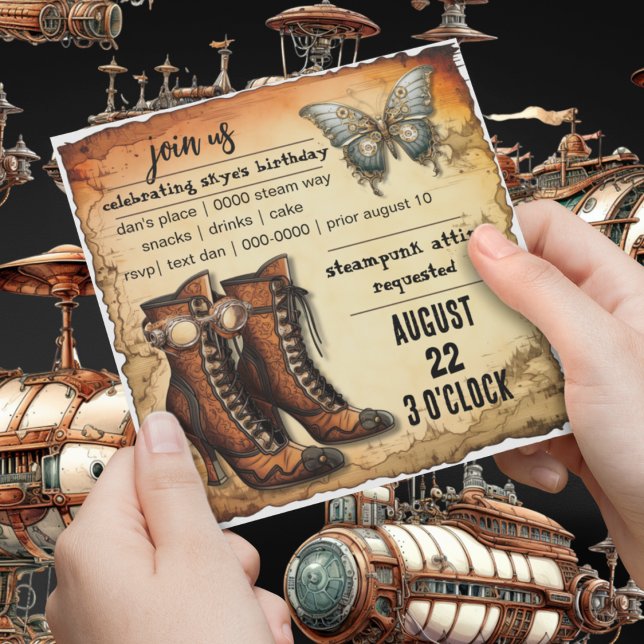 Victorian Boots | Steampunk Butterfly | Birthday  Invitation (Steampunk journey boots and steampunk butterfly on customizable party invitation for him or her. )