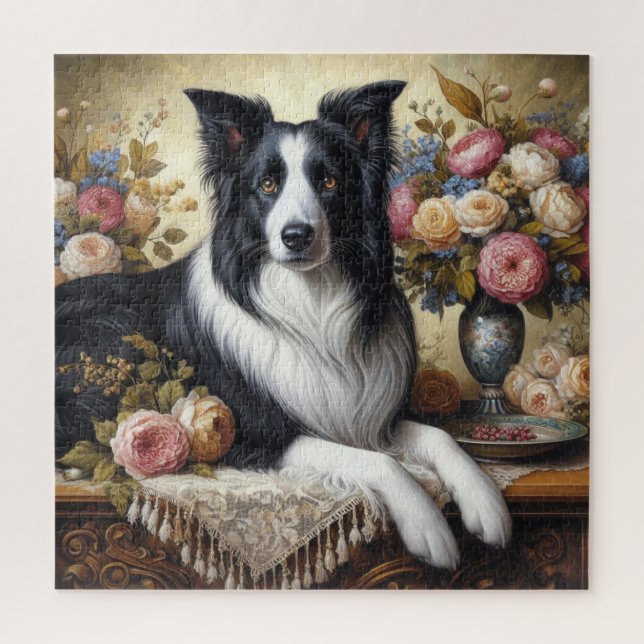 Victorian Border Collie and Roses 676 Piece Puzzle (Vertical)
