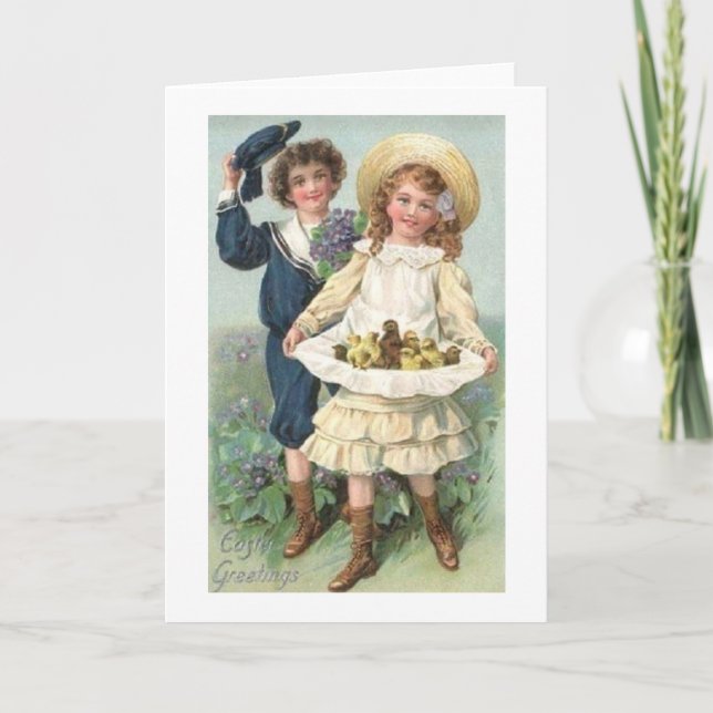 Victorian Boy And Girl Easter Card (Front)