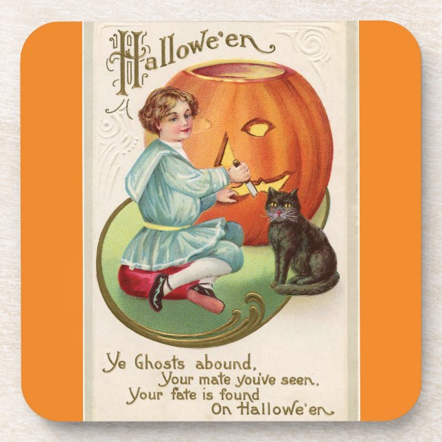 Victorian Boy Carving Pumpkin Halloween Coaster (Front)