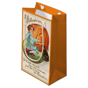 Victorian Boy Carving Pumpkin Halloween Small Gift Bag