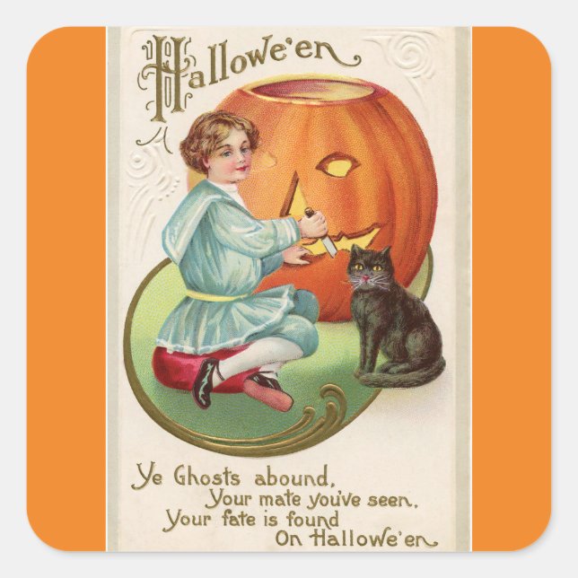 Victorian Boy Carving Pumpkin Halloween Square Sticker (Front)