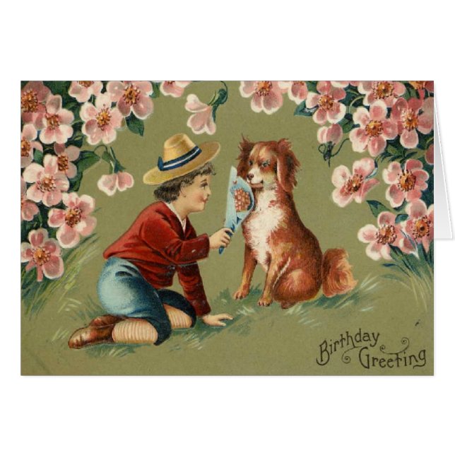 Victorian Boy w/Dog Birthday Greeting Card (Front Horizontal)