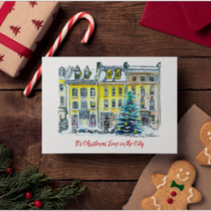 Victorian Brownstone Hand-Drawn City Christmas Card