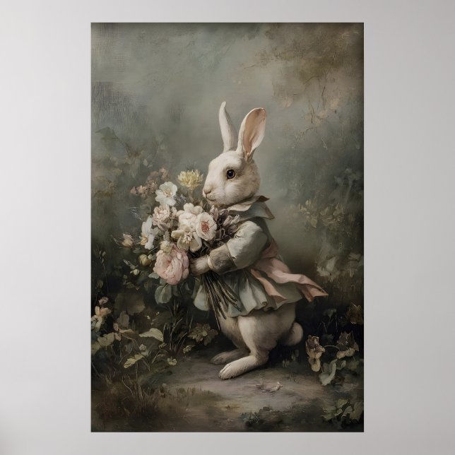 Victorian Bunny Jacket Bouquet Print, Easter Poster (Front)