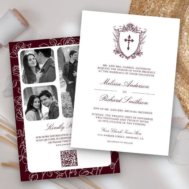 Victorian Burgundy Catholic QR Code Wedding Invitation (Creator Uploaded)