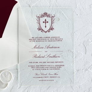 Victorian Burgundy Catholic Wedding Acrylic Invitations