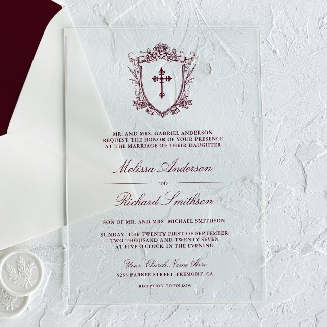 Victorian Burgundy Catholic Wedding Acrylic Invitations (Creator Uploaded)